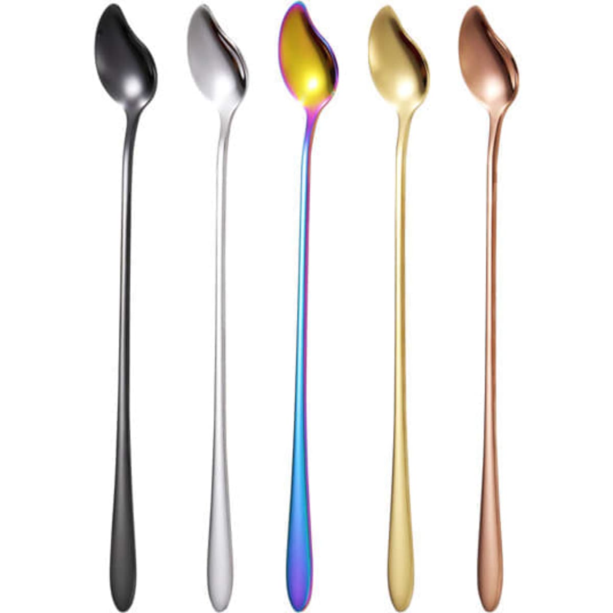 A set of five mango-shaped stainless steel stirring spoons in black, silver, rainbow, gold, and rose gold finishes.