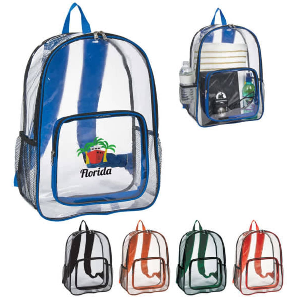 A clear heavy-duty school backpack in black, orange, green, and blue, featuring a logo and various compartments.