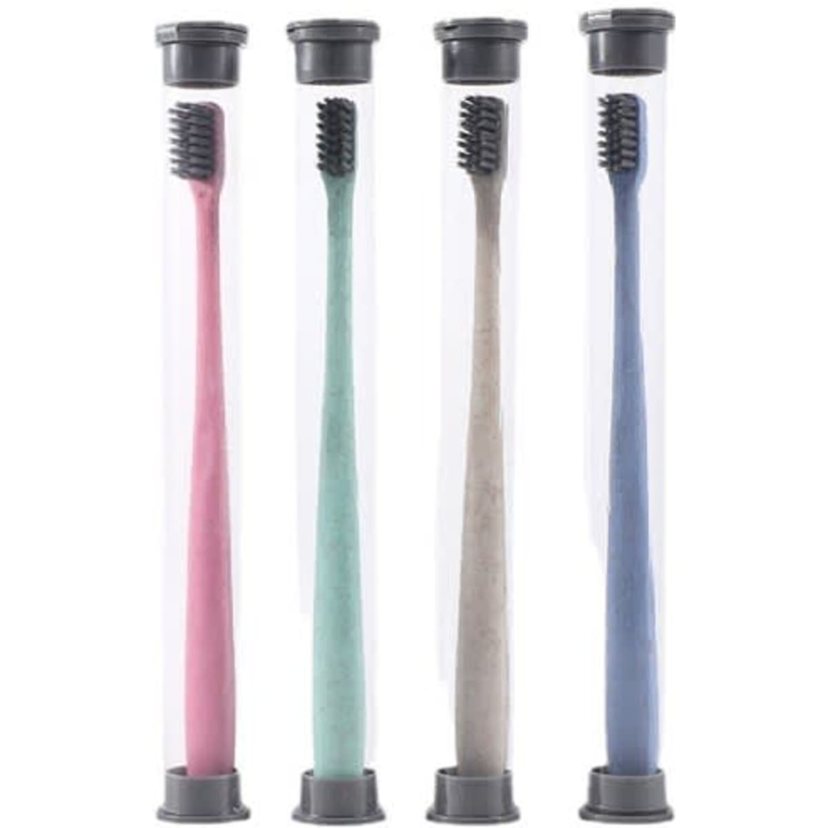 Four eco-friendly wheat straw soft toothbrushes in pink, green, grey, and blue, displayed in clear containers with black tops.