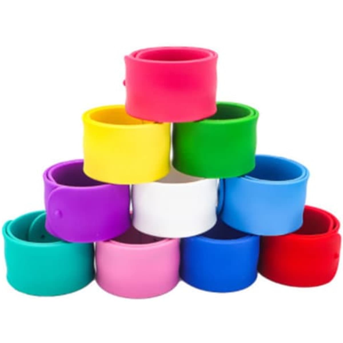 A stack of silicone slap bracelets in various colours including pink, purple, yellow, green, blue, and white, featuring a logo.