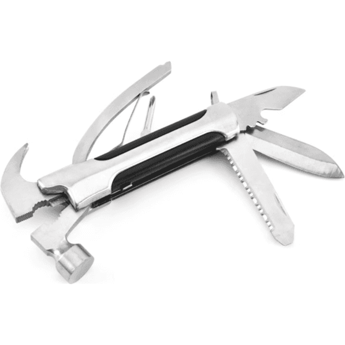 A multifunctional claw hammer tool in silver, featuring various blades and a logo. Ideal for keyrings and miscellaneous tasks.