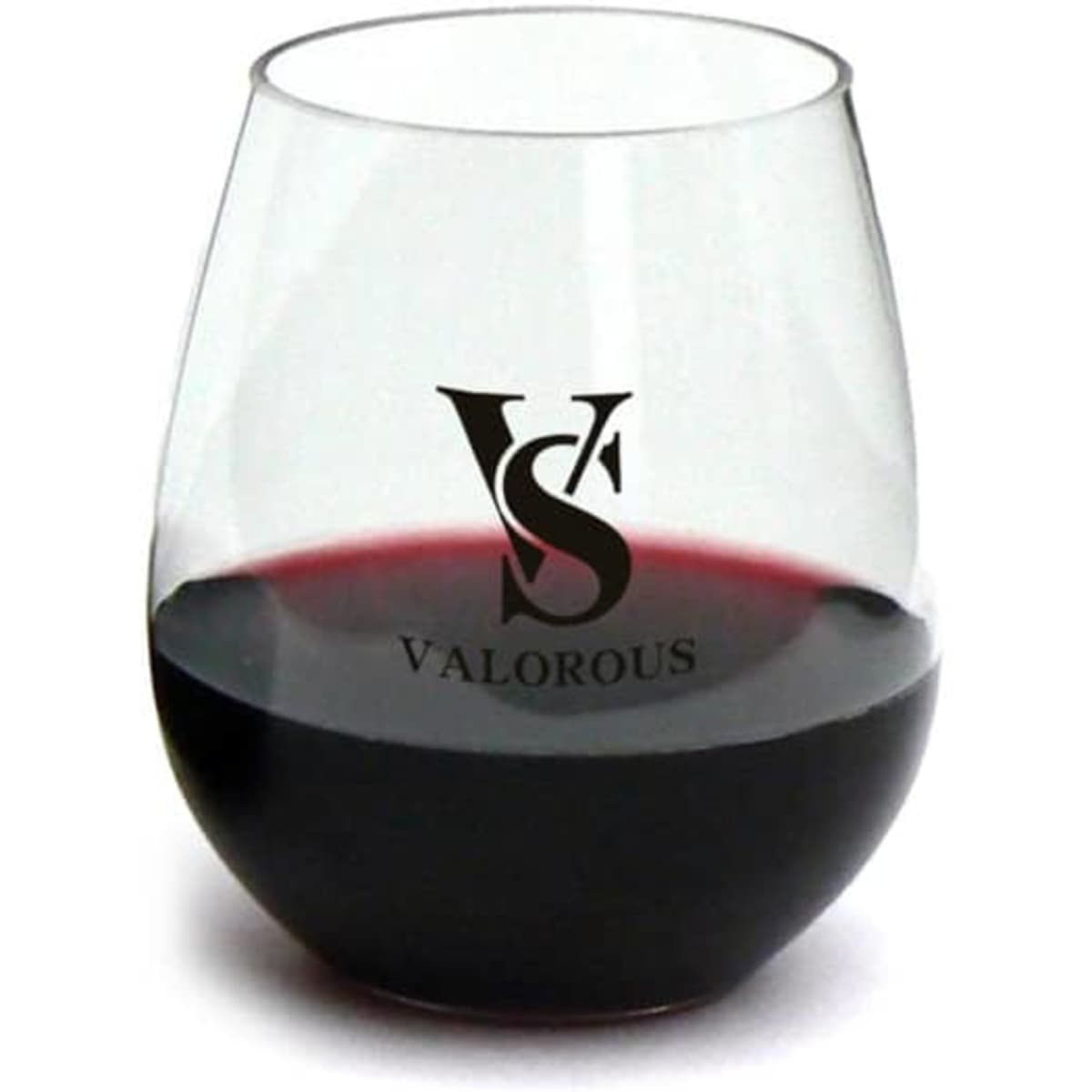 A stemless wine glass filled with red wine, featuring a logo on its surface.