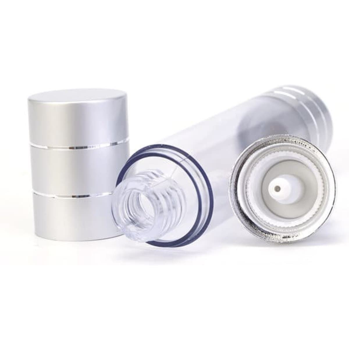 A clear 15ml airless pump bottle, featuring a silver cap and base, designed for health and personal care products.
