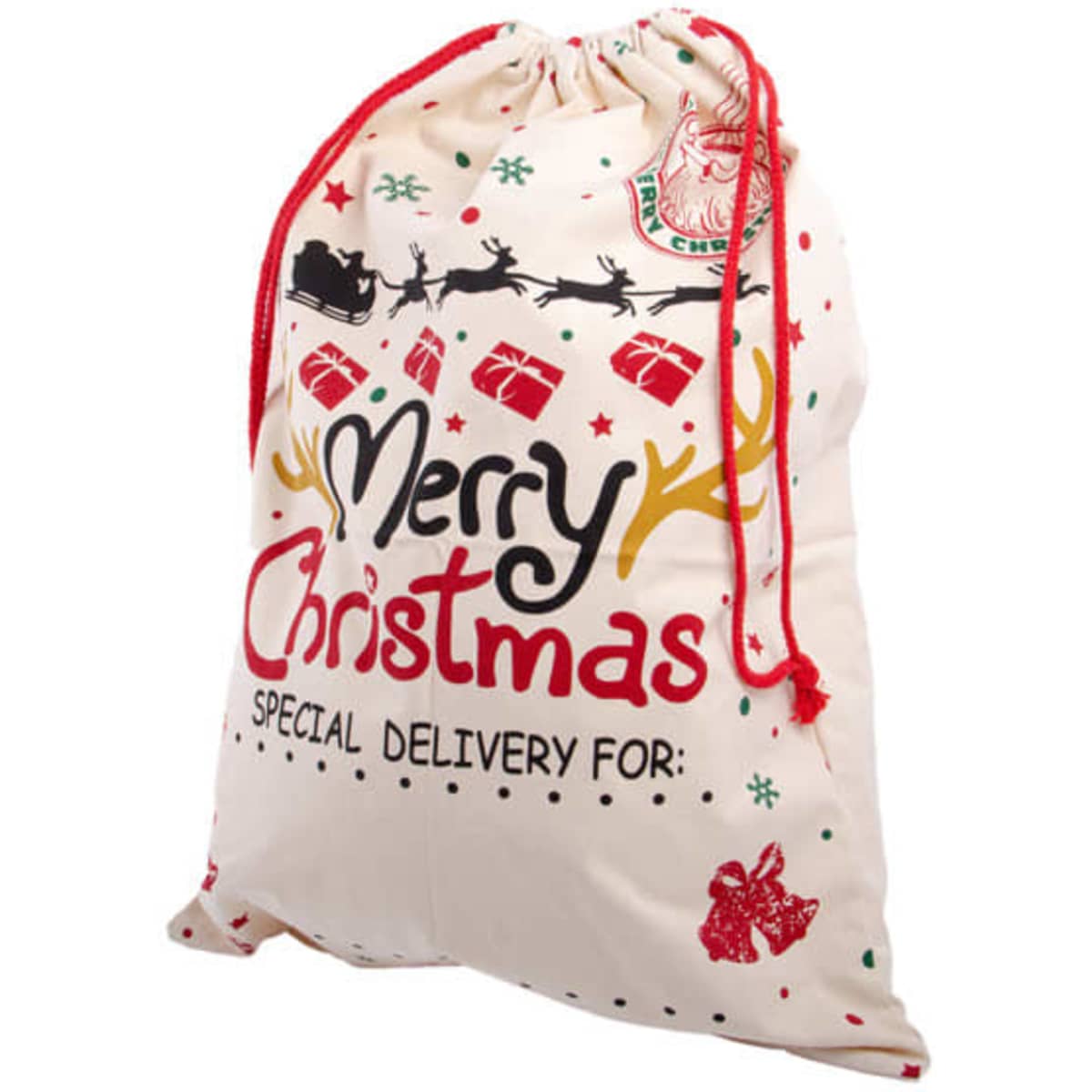A cream canvas drawstring gift bag featuring a festive Christmas design with red and green accents.