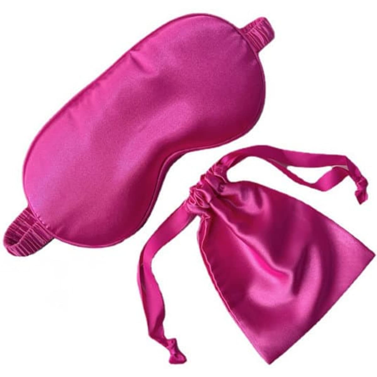 A pink silk eye mask with a matching drawstring pouch. The set provides comfort for rest and relaxation.