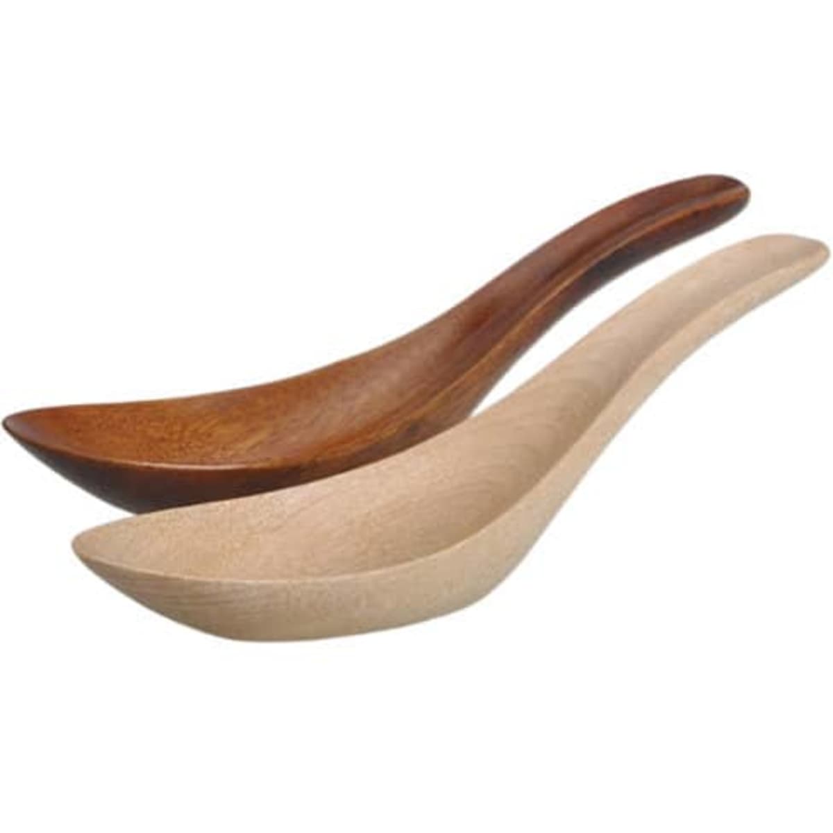 Two wooden soup spoons in light and dark brown finishes, featuring a smooth, elegant design.