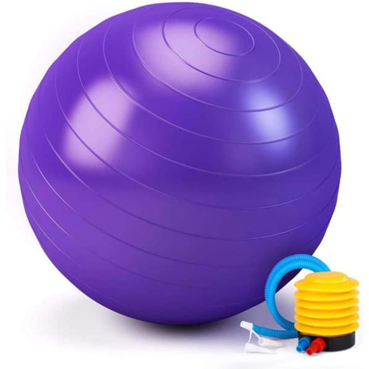 A purple PVC yoga ball accompanied by a small air pump. The ball features a ribbed surface for grip.