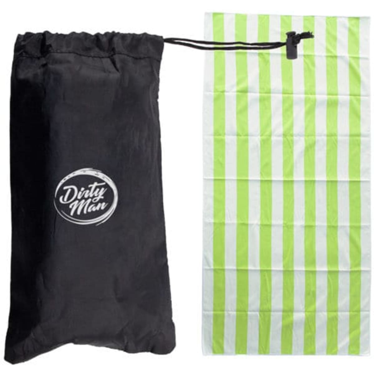 A striped microfiber beach towel in green and white, accompanied by a black drawstring storage bag featuring a logo.