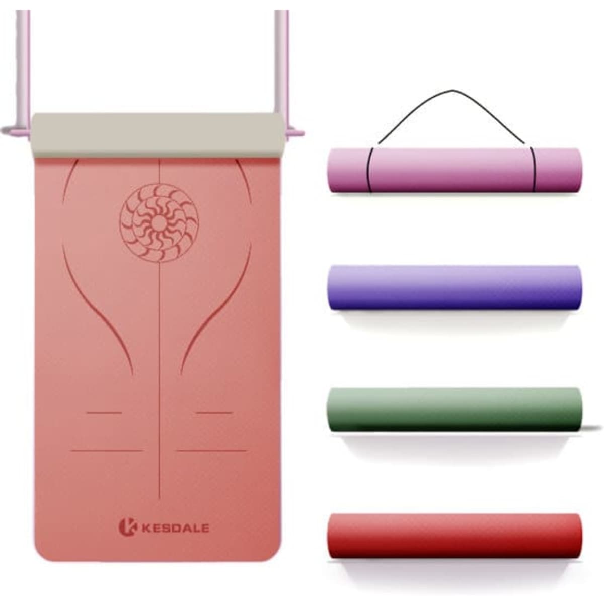 A pink TPE yoga mat with a decorative pattern, accompanied by rolled mats in purple, green, and red hues.