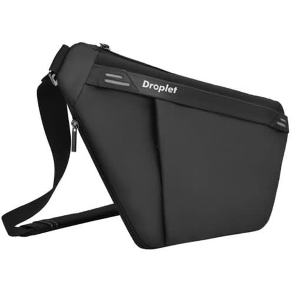 A black polyester casual crossbody sling bag with an adjustable strap and a logo.