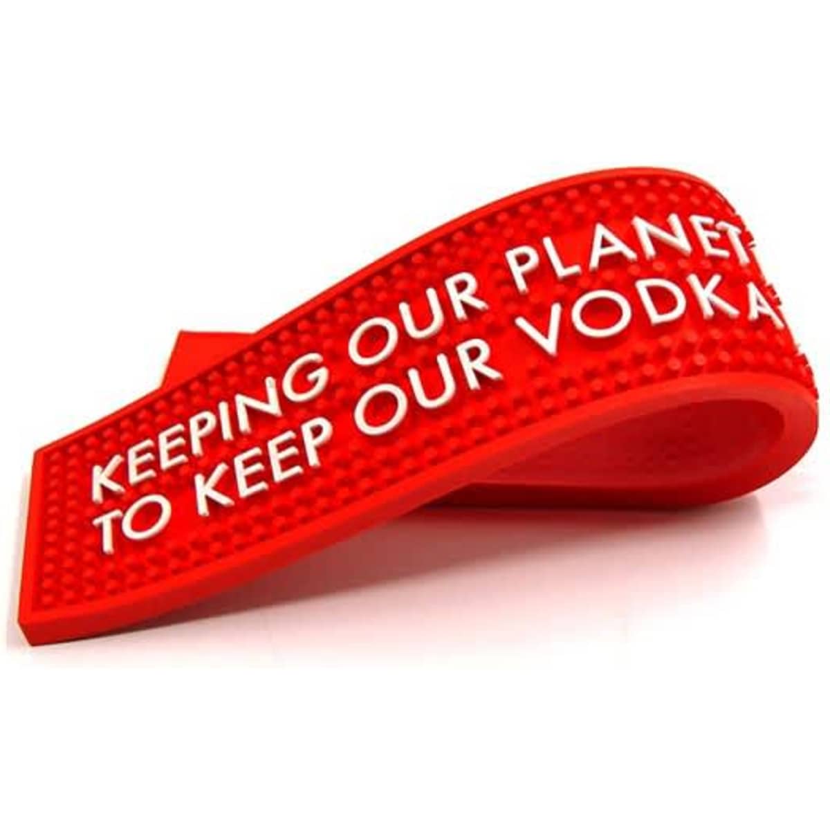 A red PVC rubber bar mat with a textured surface and a logo. The mat is designed for use in home bars.