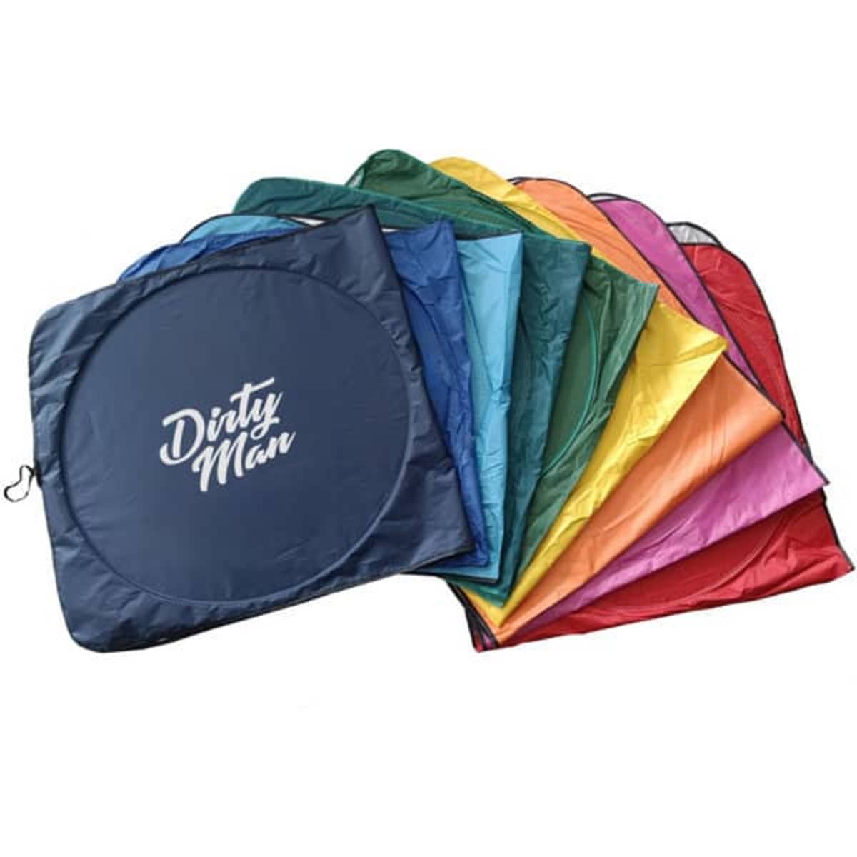 A set of colourful folding car sunshades in various shades, featuring a logo on one of the blue shades.