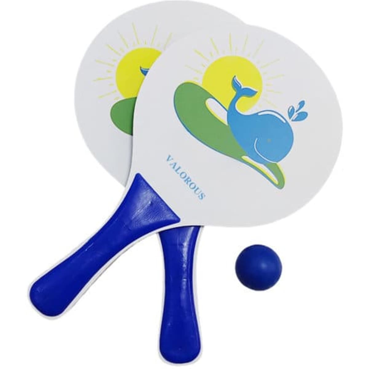 A set of two white beach rackets with blue handles, featuring a whale design, and a blue ball.