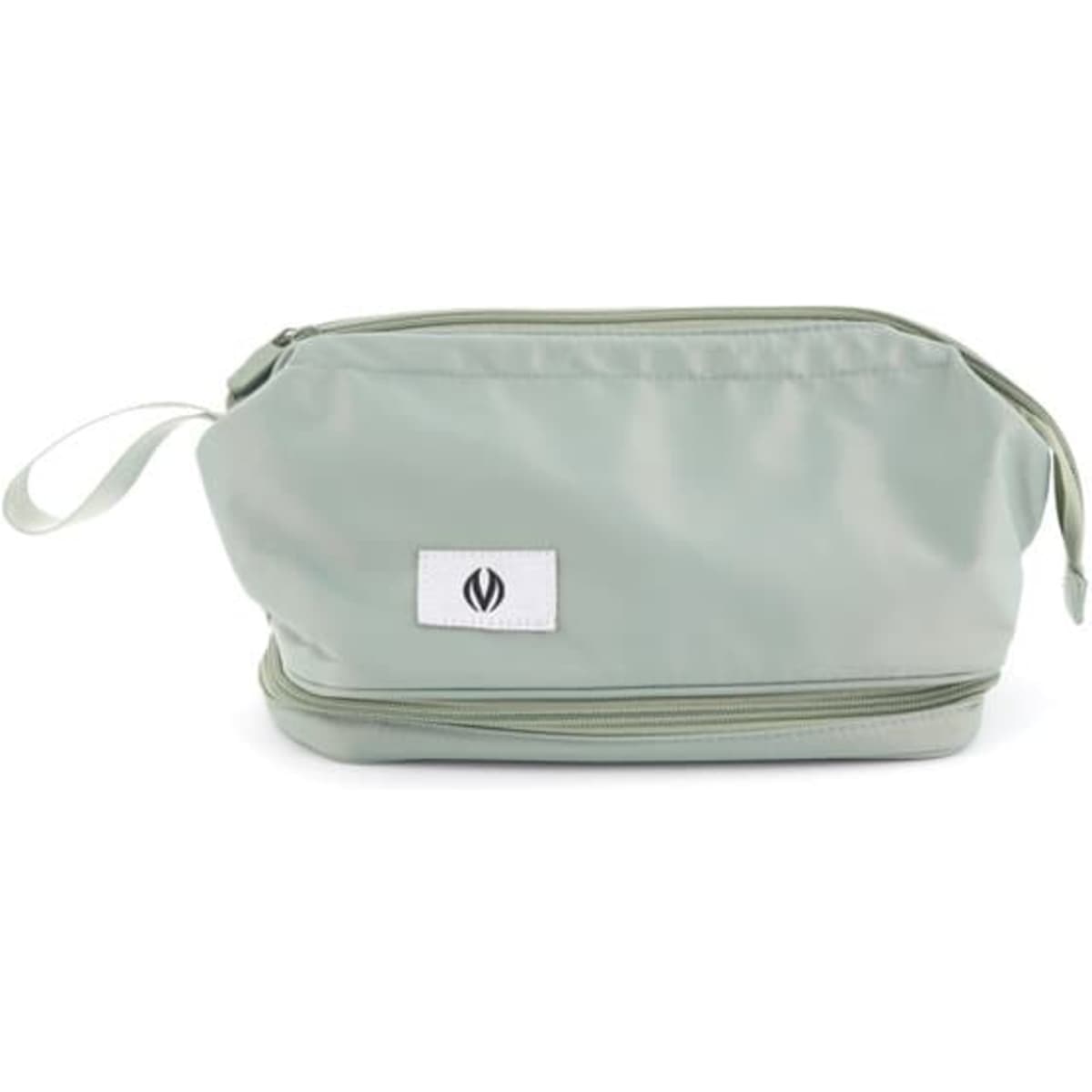 A double layer cosmetic bag in a soft green colour, featuring a logo and a zip closure.