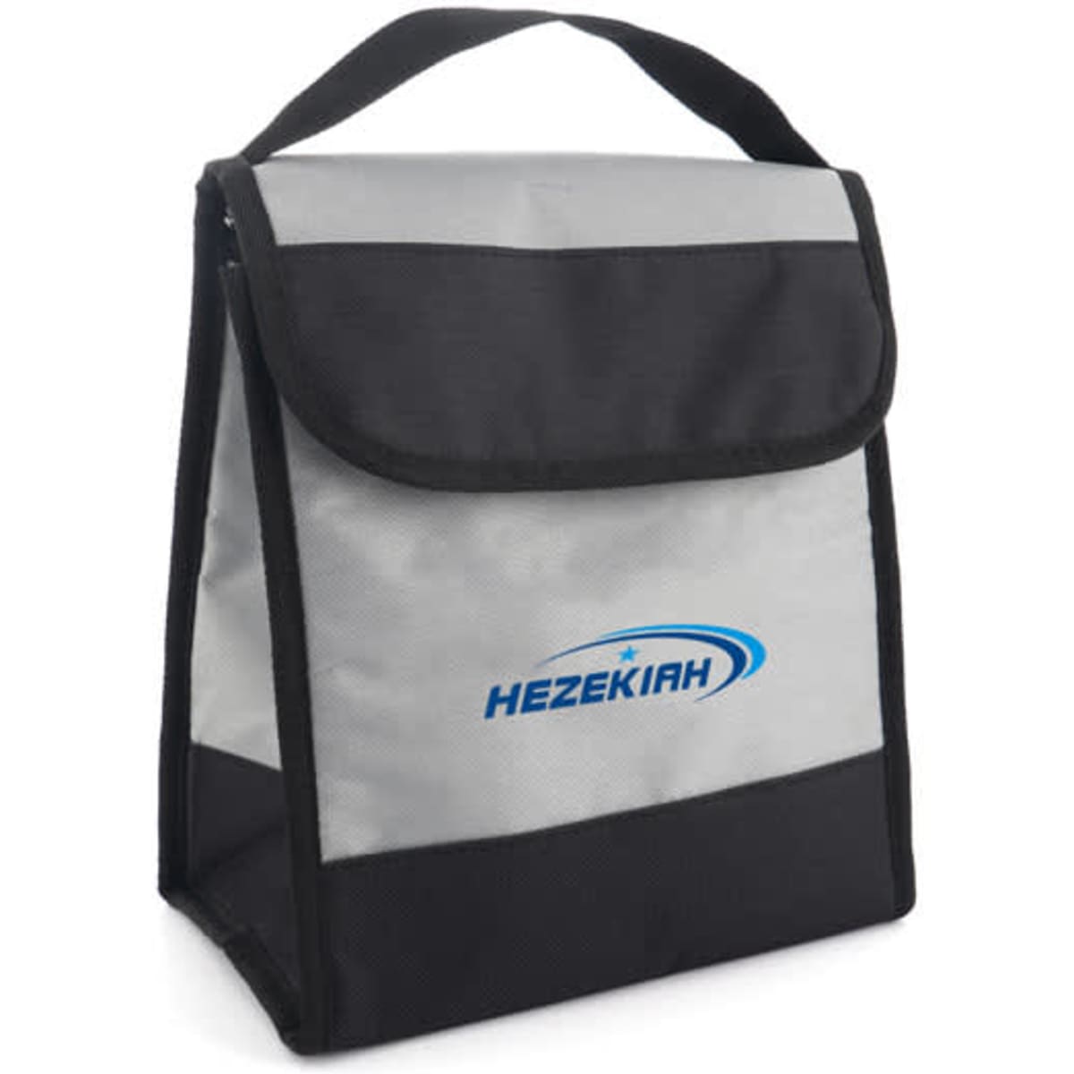 A grey and black insulated lunch bag with a flap and a logo on the front.