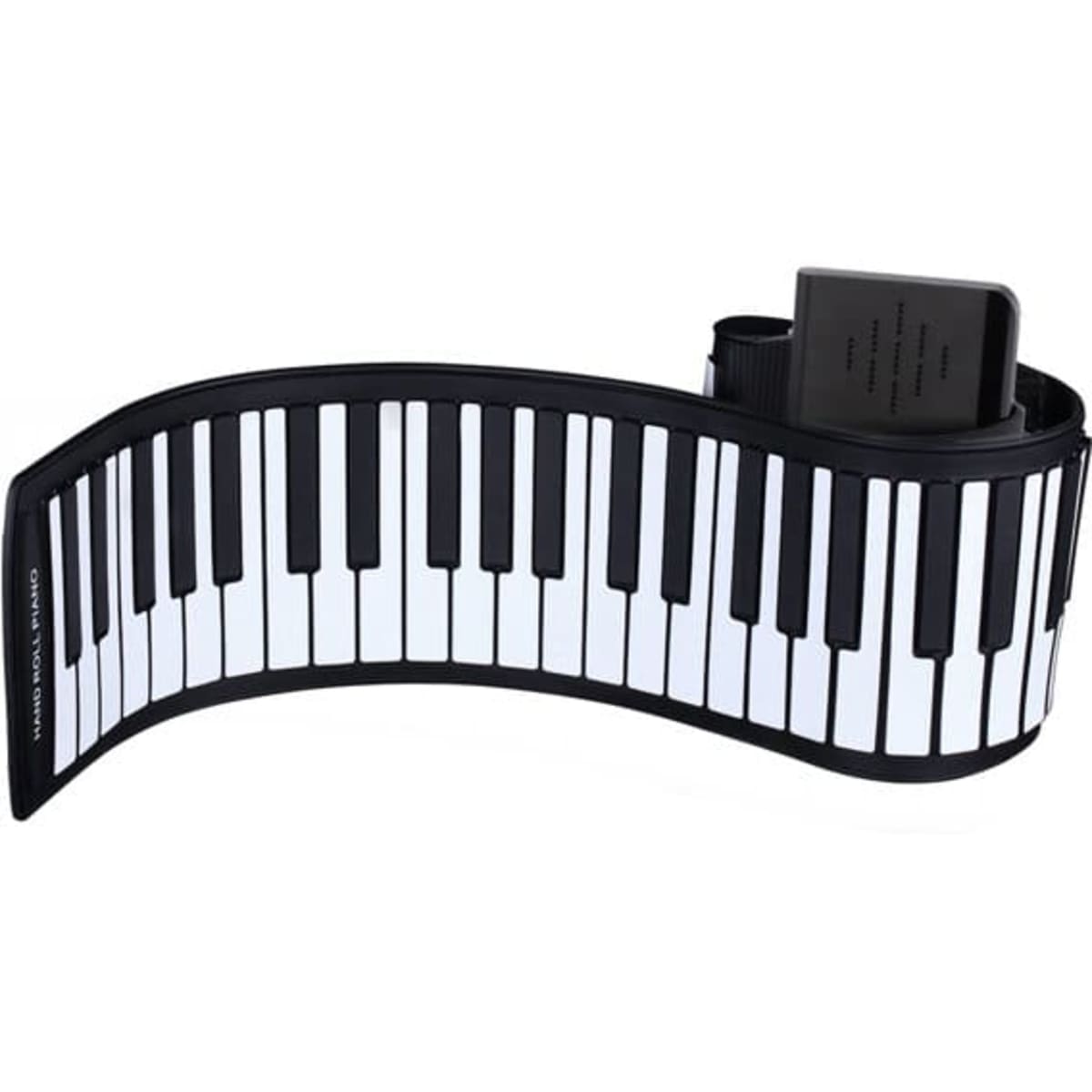 A black and white roll-up electronic organ keyboard, flexible and portable, with a small control module attached.