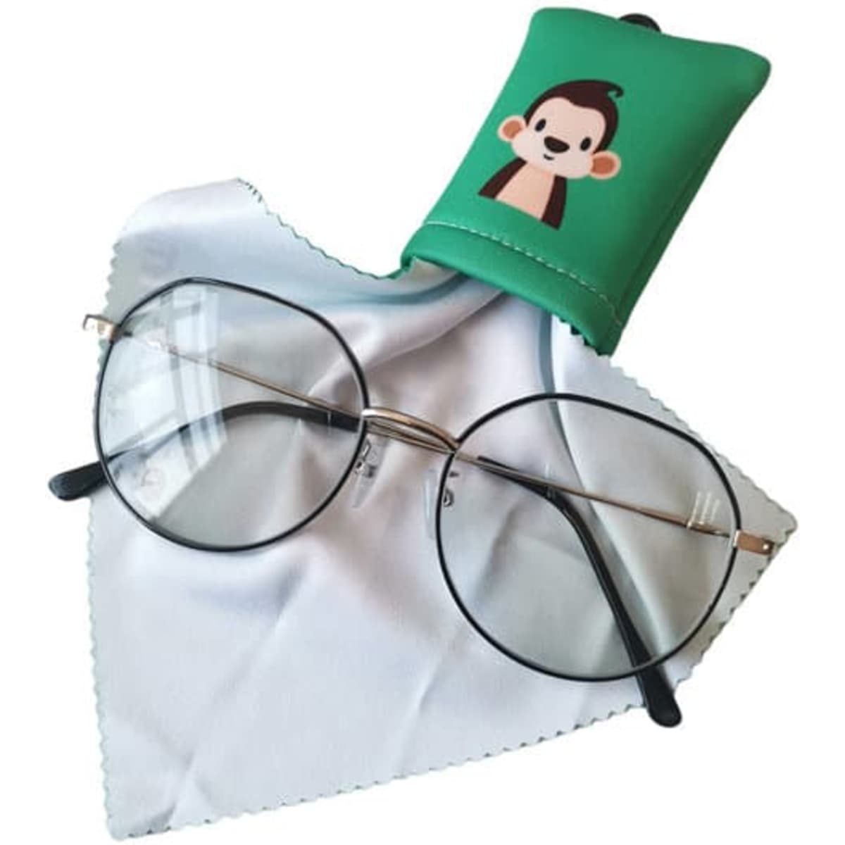 A green pouch with a character, containing a white microfiber cloth and a pair of black-framed glasses.