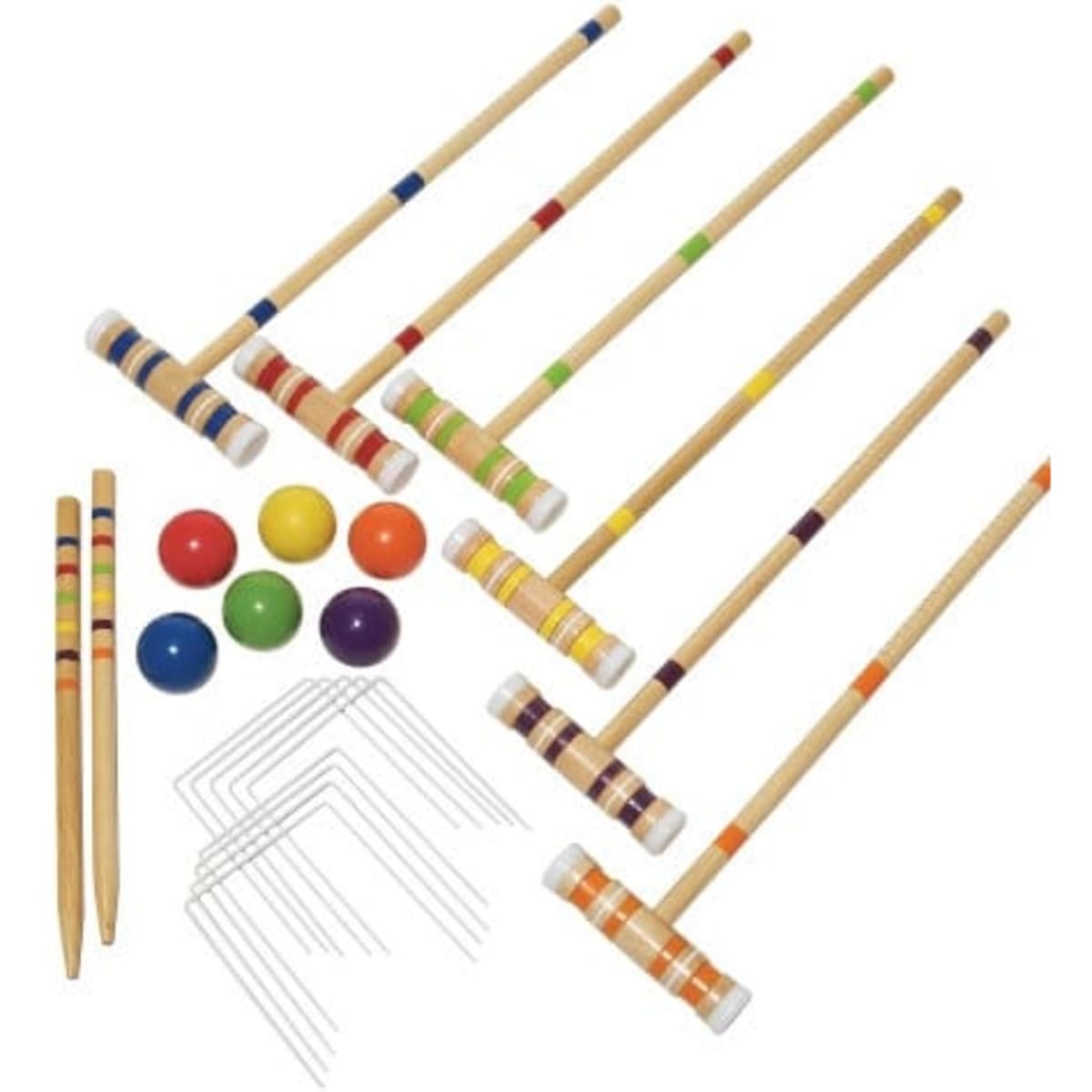 A croquet set featuring six wooden mallets, four balls in various colours, two wooden stakes, and six wire wickets.