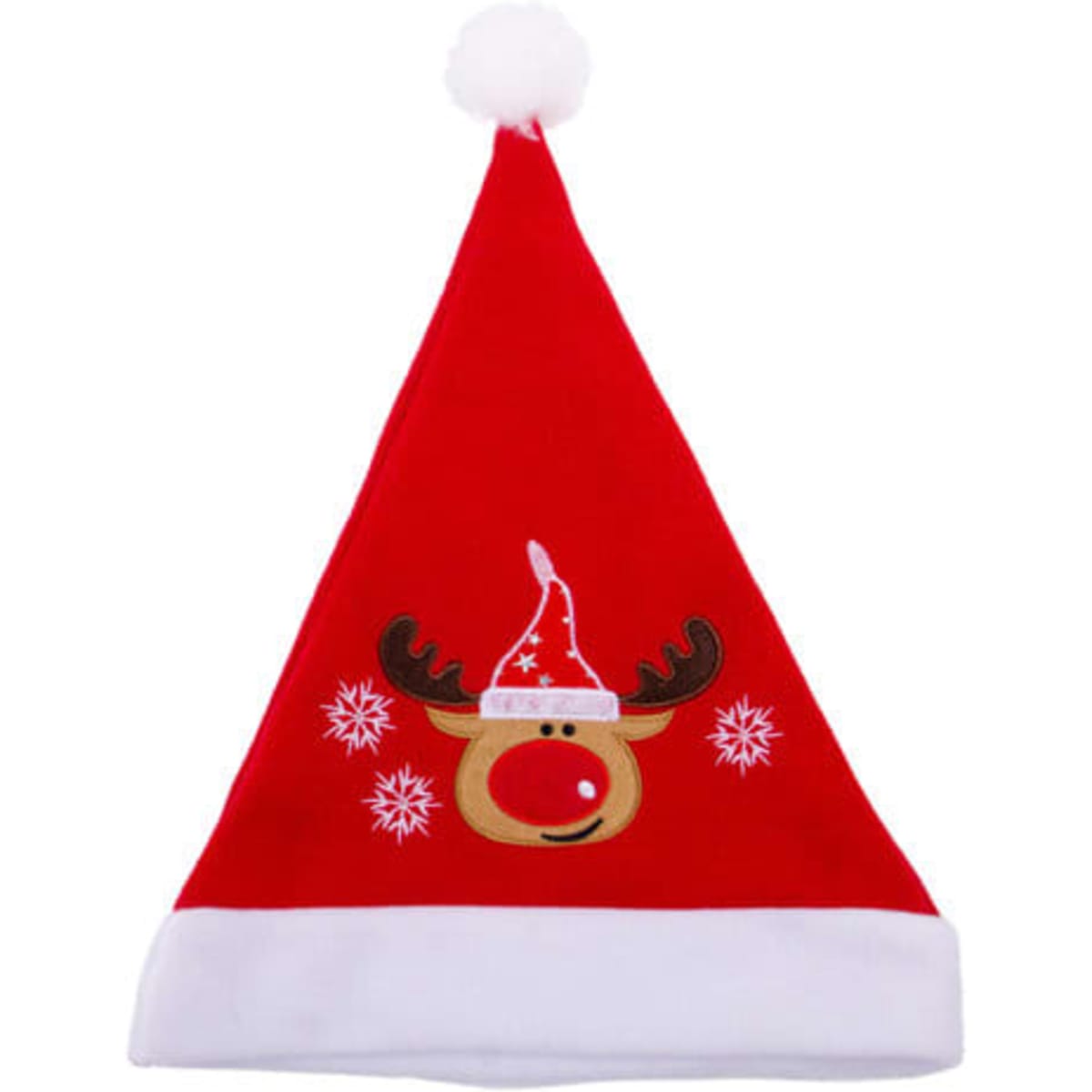 A red Santa hat with a reindeer print and white trim, featuring a pom-pom on top and snowflake designs.