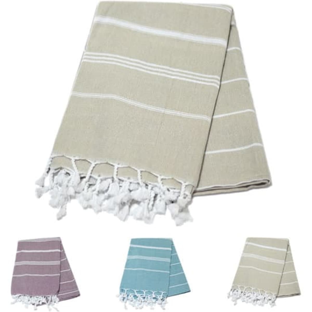A striped Turkish beach towel in taupe and white, featuring fringe details, available in other colours.