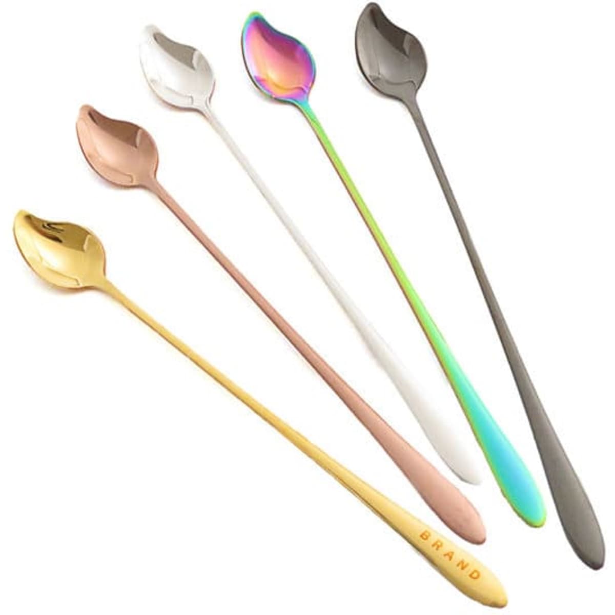A set of five stainless steel mixing spoons in gold, rose gold, white, silver, and iridescent finishes, featuring a logo.