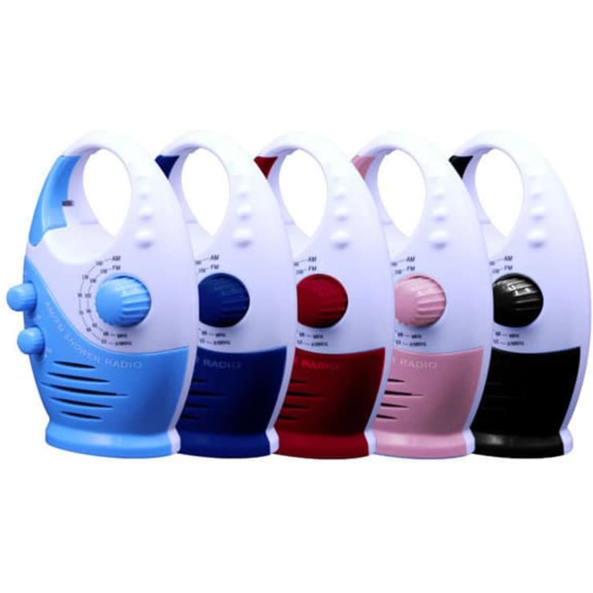 A set of five mini waterproof shower radios in blue, red, pink, and black. Each radio features a dial and handle.