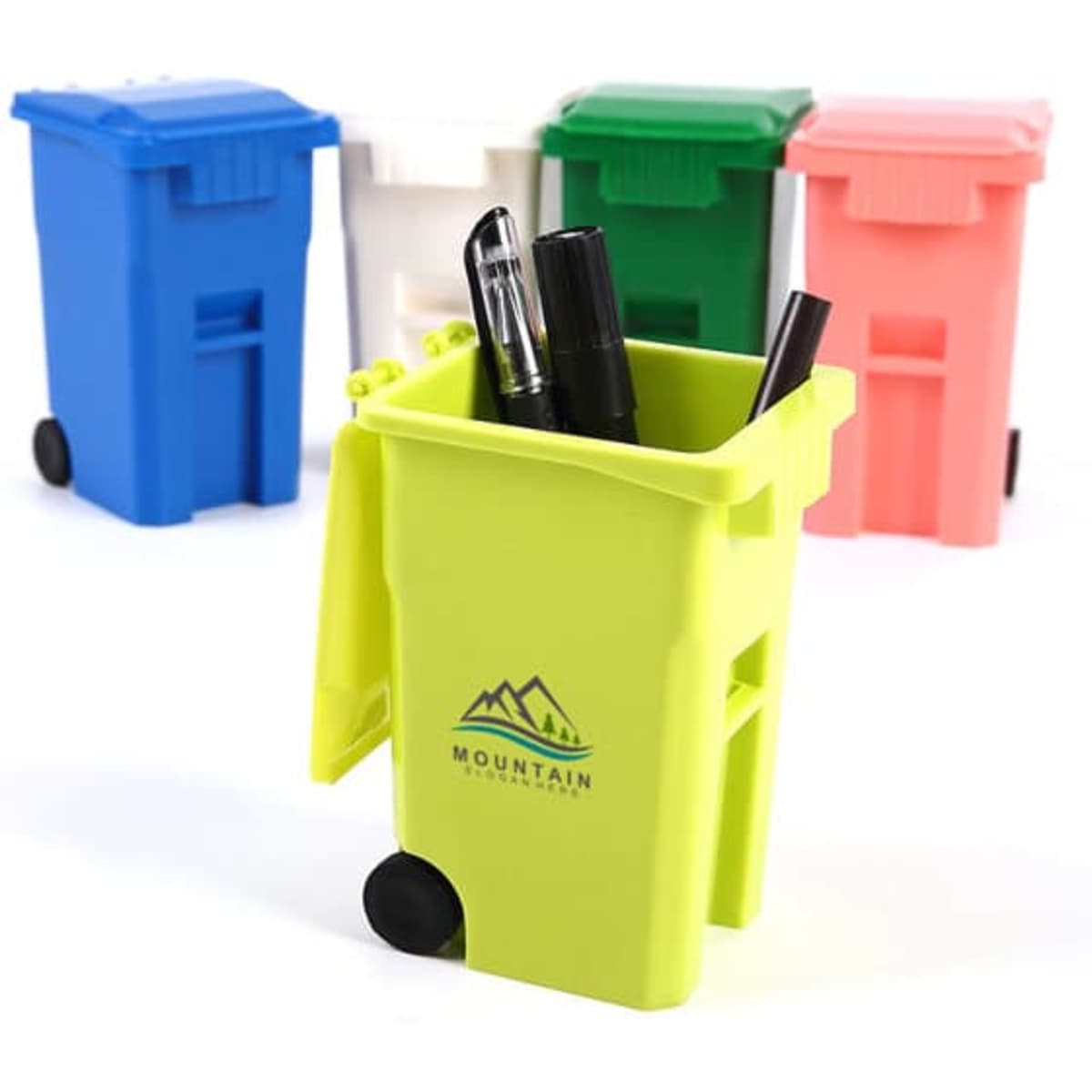 A vibrant green trash can pen holder filled with pens, surrounded by blue, white, pink, and red similar holders.