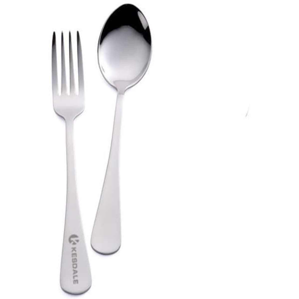 A stainless steel soup spoon and fork set with a polished finish and branding on the handle.