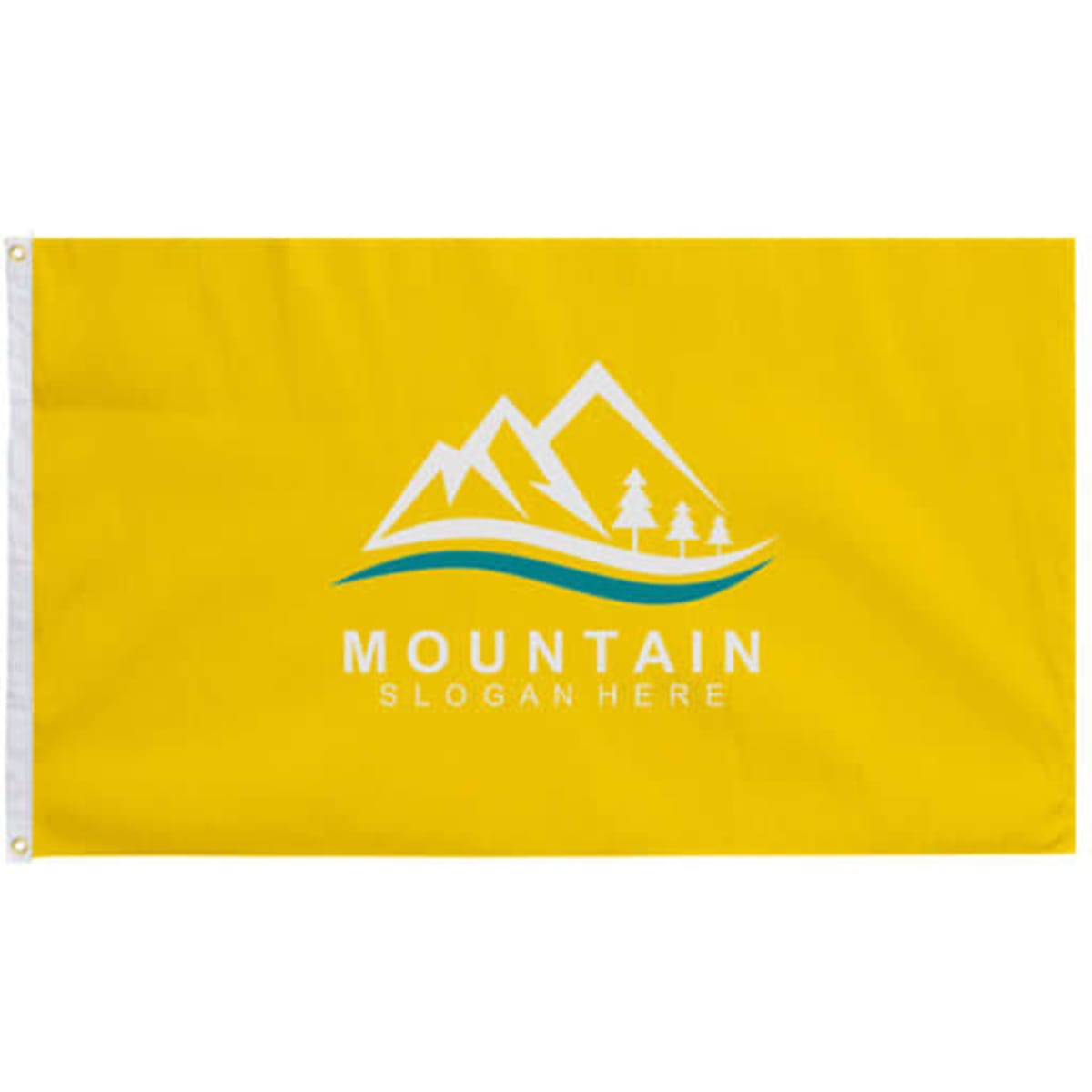 A yellow custom flag featuring a mountain design and logo, suitable for events and exhibitions.