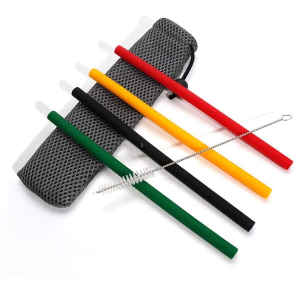 A set of five silicone drinking straws in red, yellow, black, and green, with a cleaning brush and a grey pouch.