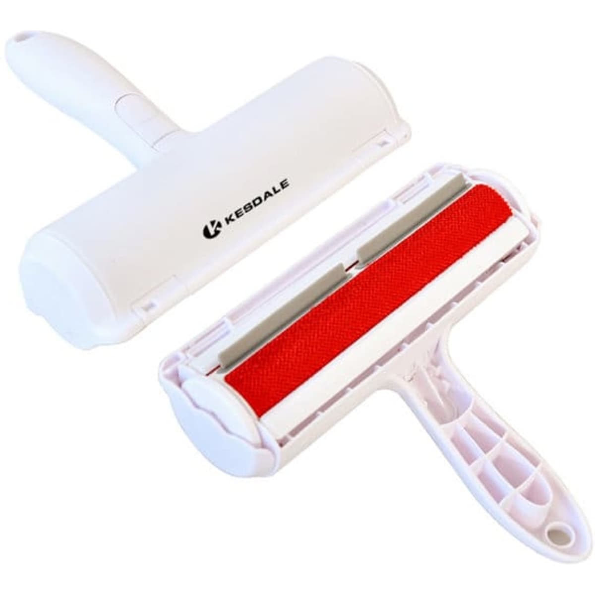 A plastic pet hair remover featuring a white handle and a red removal surface, with a logo on the body.