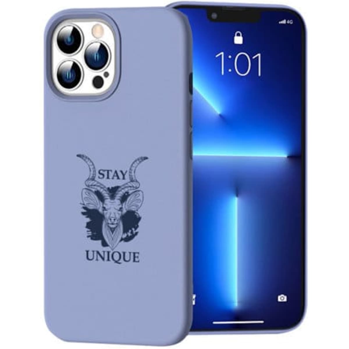 A custom blue silicone phone case with a goat design, displayed alongside a smartphone featuring a bright screen.