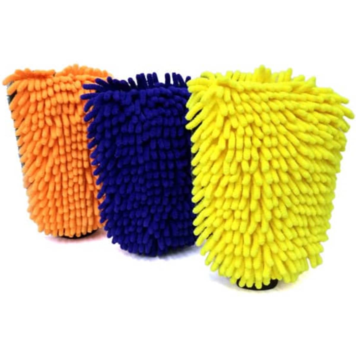 Brightly coloured waterproof car washing gloves in orange, blue, and yellow with textured microfiber detailing.