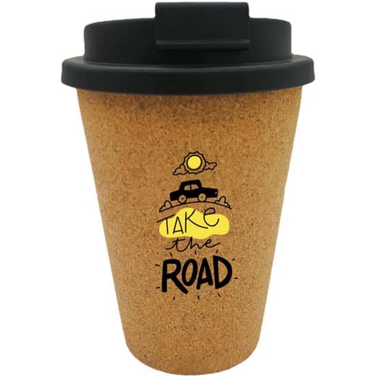 A reusable cork coffee cup in tan with a black lid, featuring a design and logo.