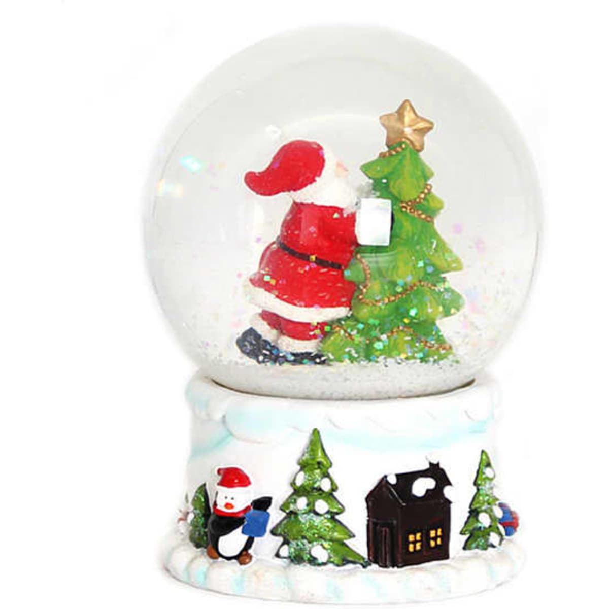 A snow globe featuring Santa Claus near a decorated Christmas tree, with snowflakes and a colourful base.