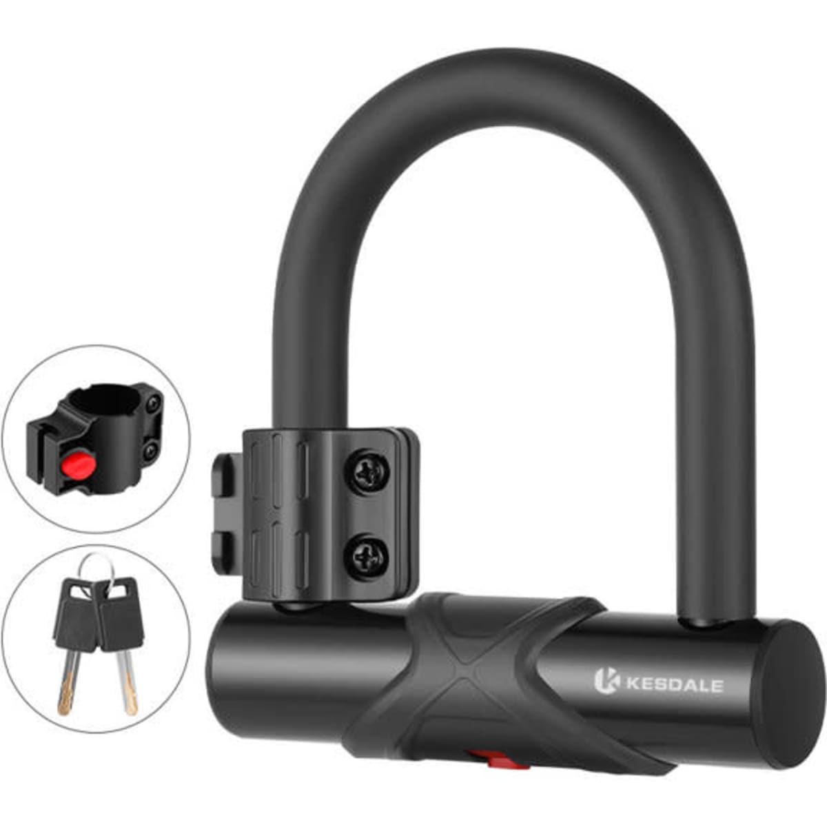 A U-shaped bike lock in black, featuring a mounting bracket and two keys. It has a logo on the body.