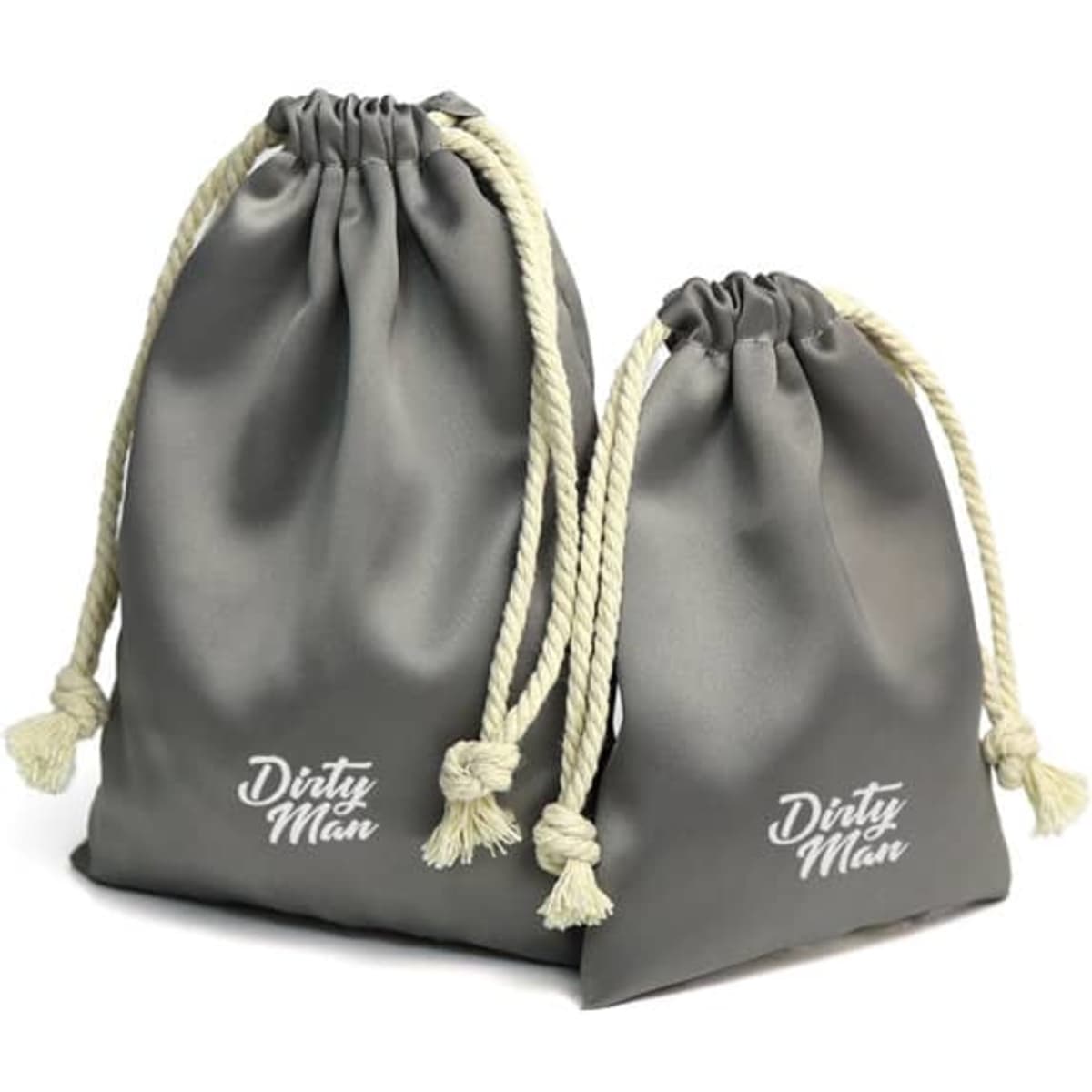 Two grey satin drawstring bags with cream-coloured cords, featuring a logo on the front of each bag.