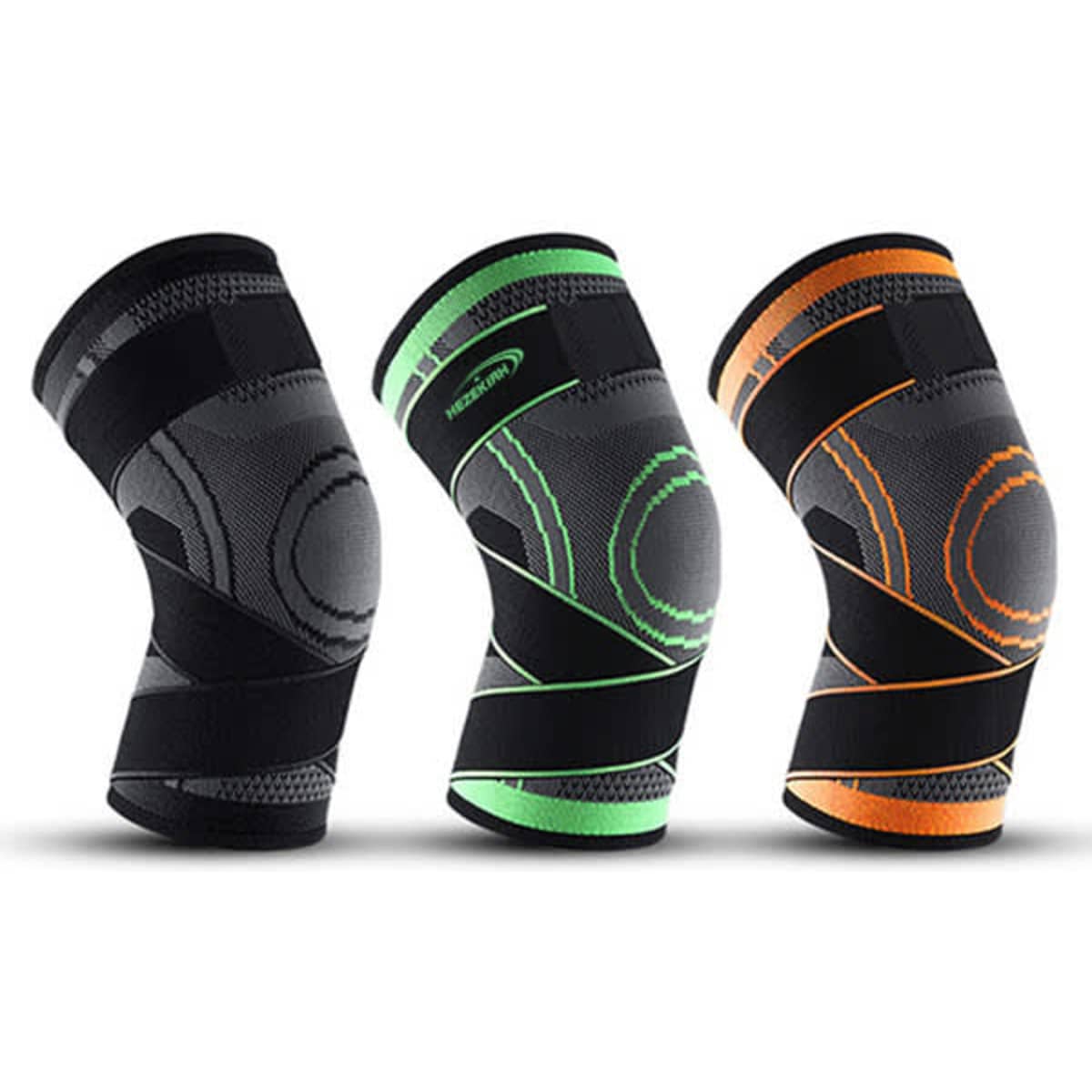 Three knitted strap sports knee pads in black, green, and orange, featuring logos and a textured design.
