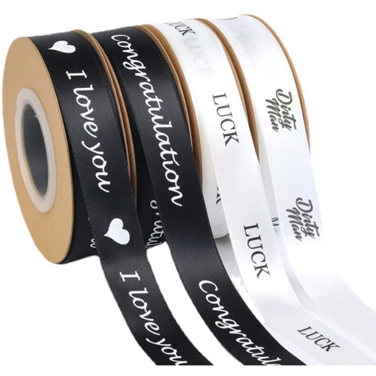A set of custom packaging tape in black and white, featuring various messages and a logo on a roll format.