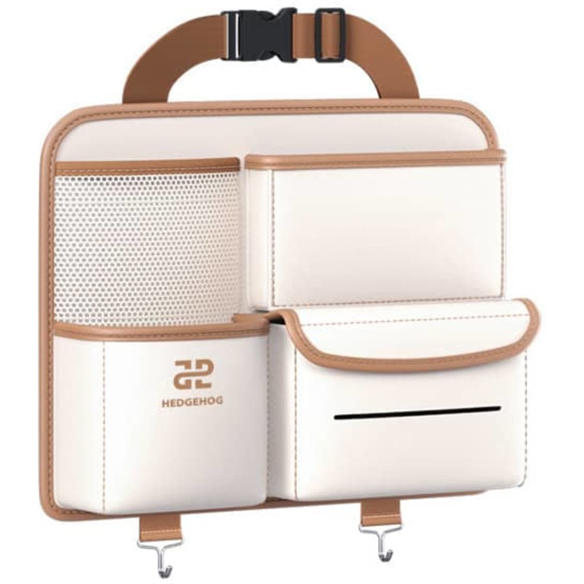A white and brown car back seat storage bag featuring multiple pockets and a branding logo.