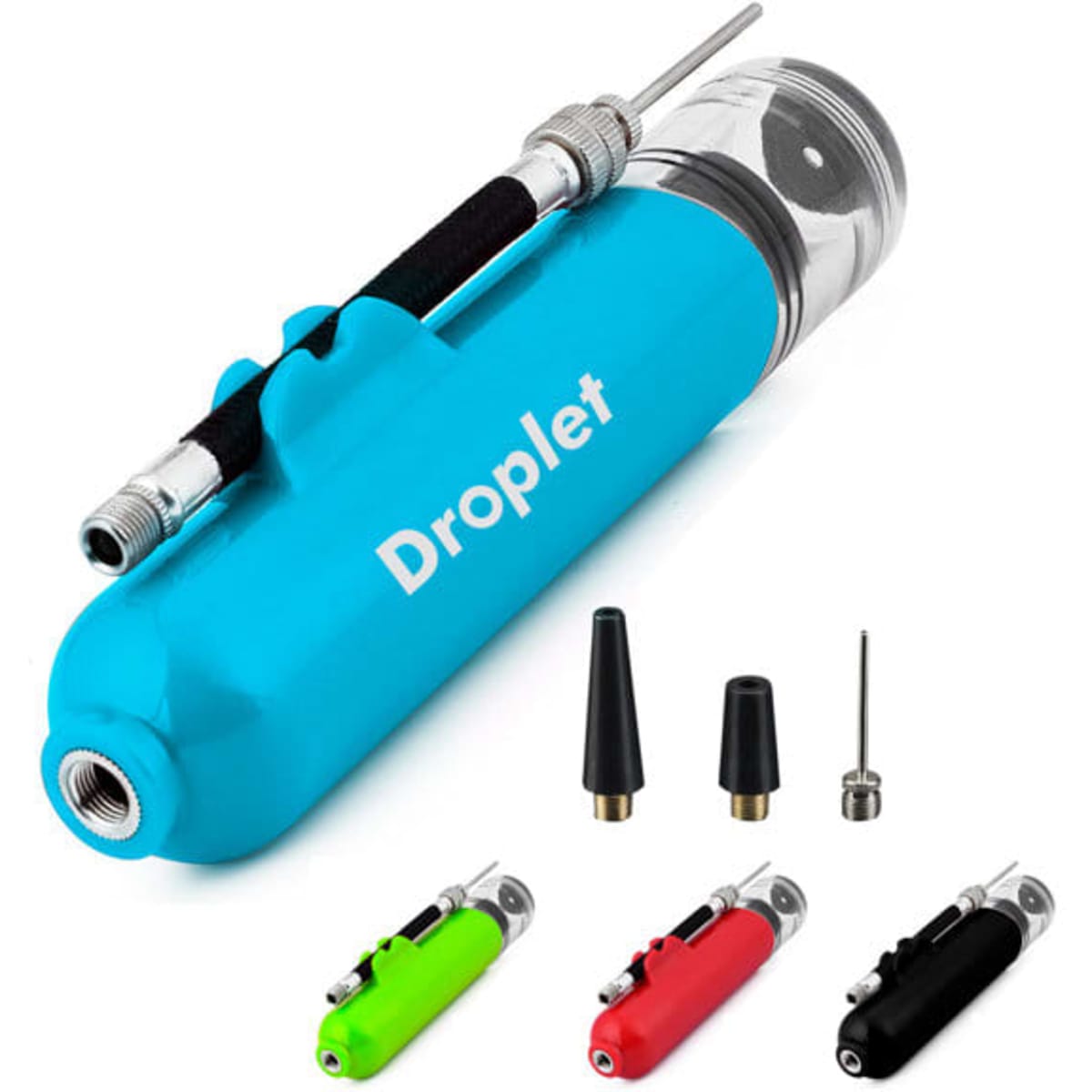 A sports ball pump in blue with attachments, featuring a transparent compartment and a small logo. Other colours are shown: green, red, and black.