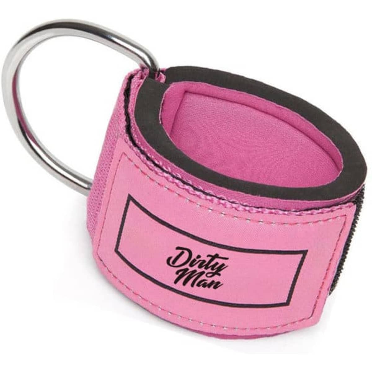A pink weight training ankle strap with a metal ring, featuring a black inner lining and a logo.