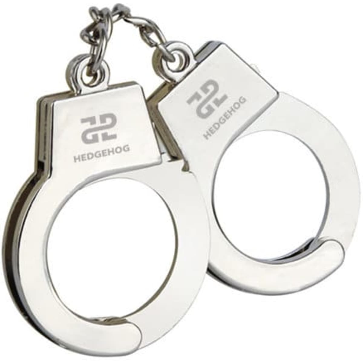 A silver handcuffs keyring holder with a metallic finish and a logo on one side.