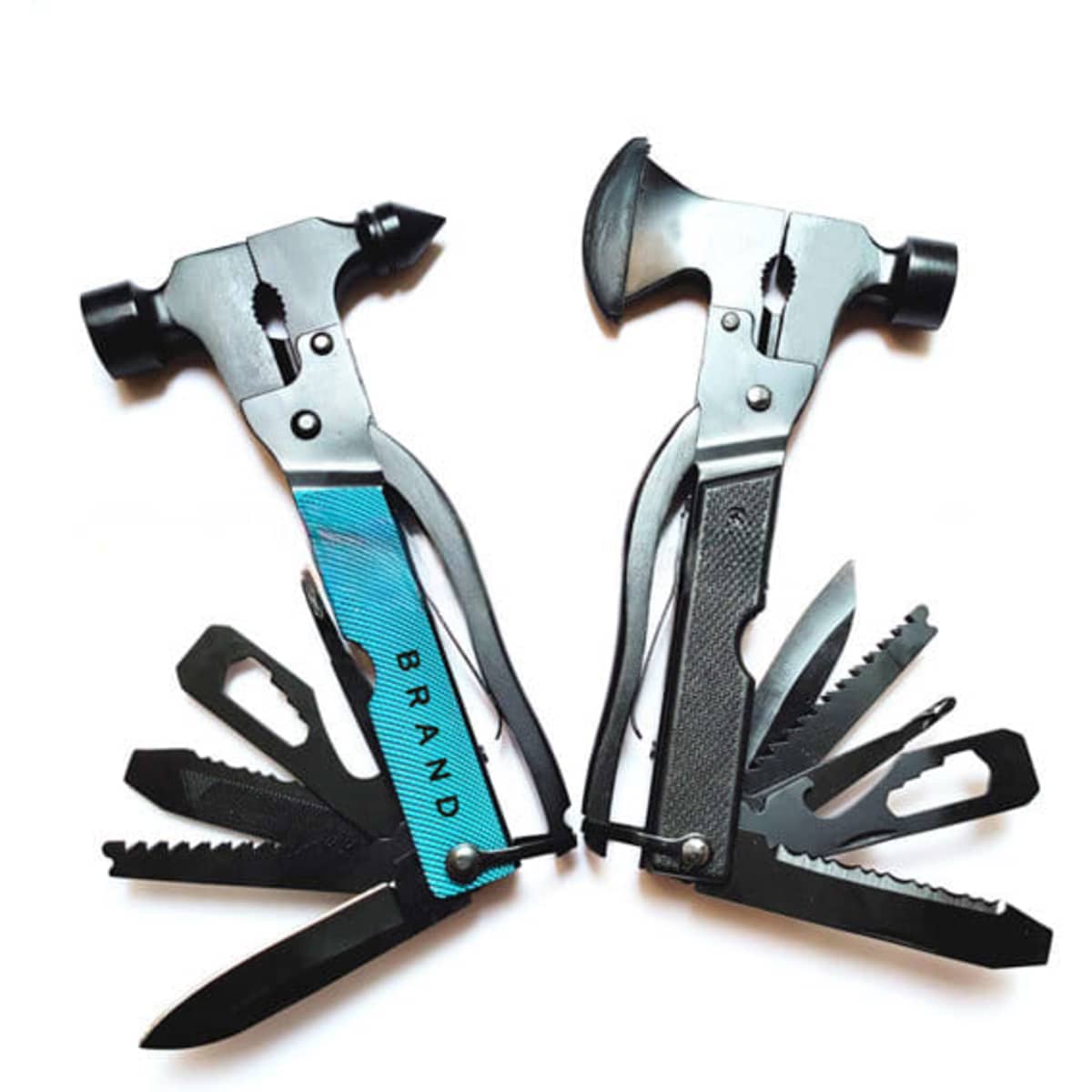 Two stainless steel combination tools featuring various implements, including an axe, knife, and different blades, in black and silver.