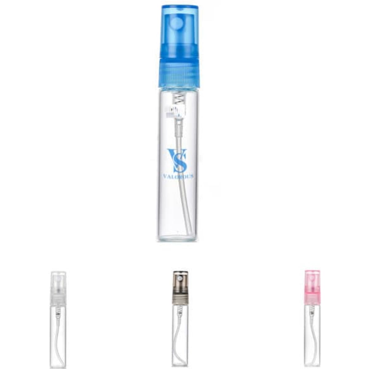 A 3ml perfume spray bottle in clear plastic with a blue cap and a logo, alongside options in silver and pink.