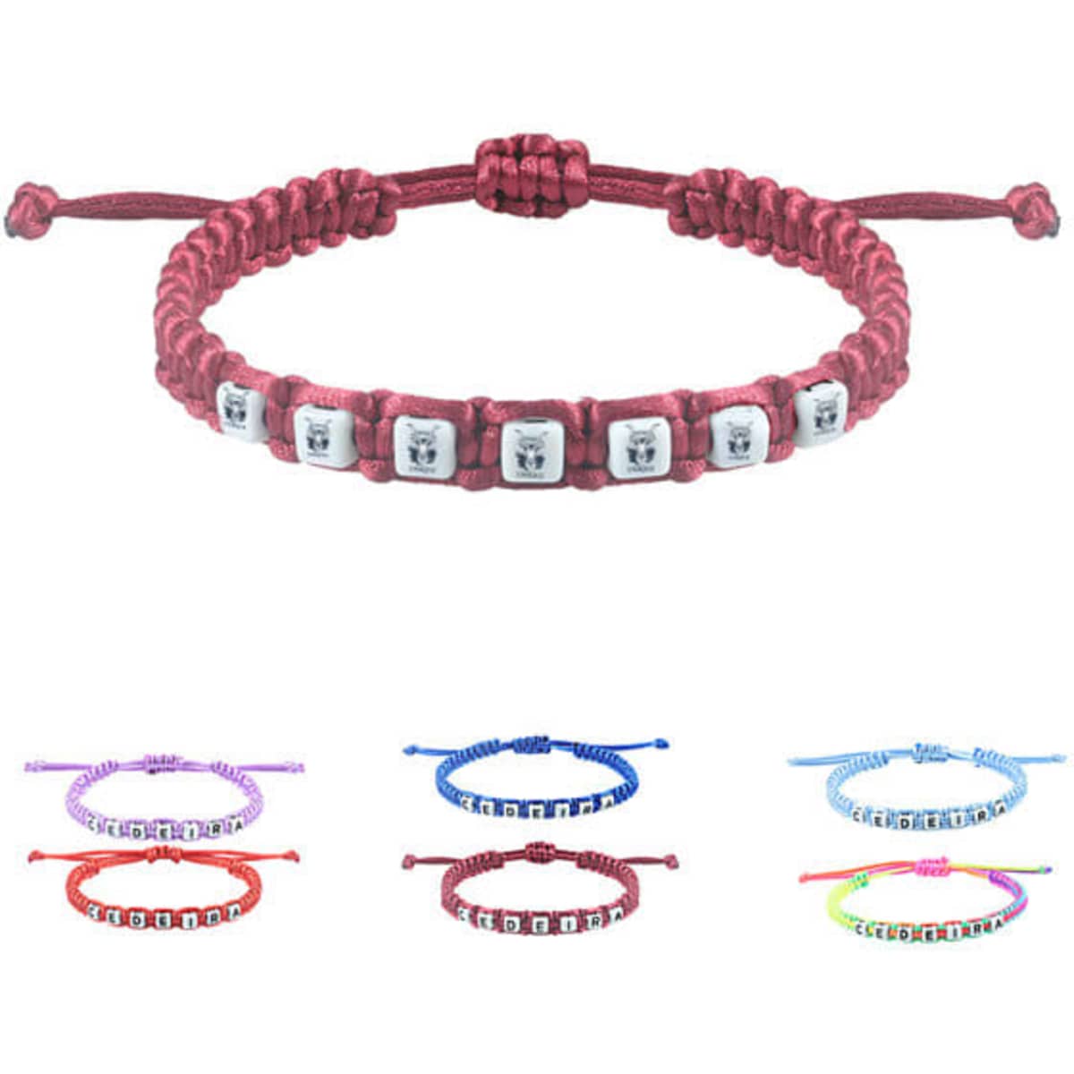 A braided bracelet in various colours, featuring letter beads with a central silver design and adjustable fastening.