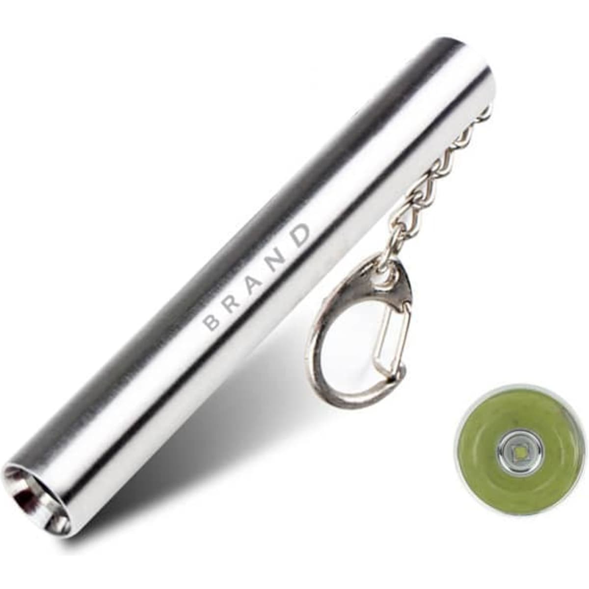 A metallic silver mini flashlight with a keychain attachment and a green light at the end.