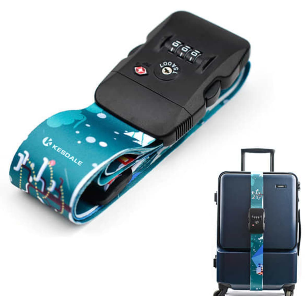 A luggage strap in blue with a combination lock, featuring a branded logo and designed for securing suitcases.