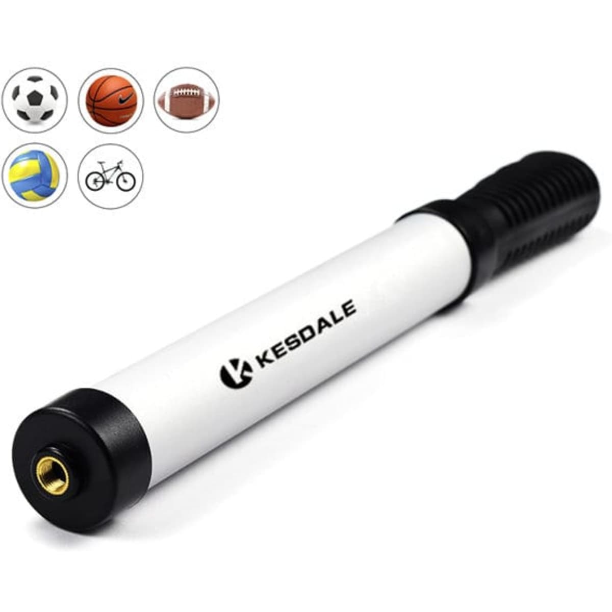 A portable mini bicycle pump in black and white, featuring a textured grip and a logo.