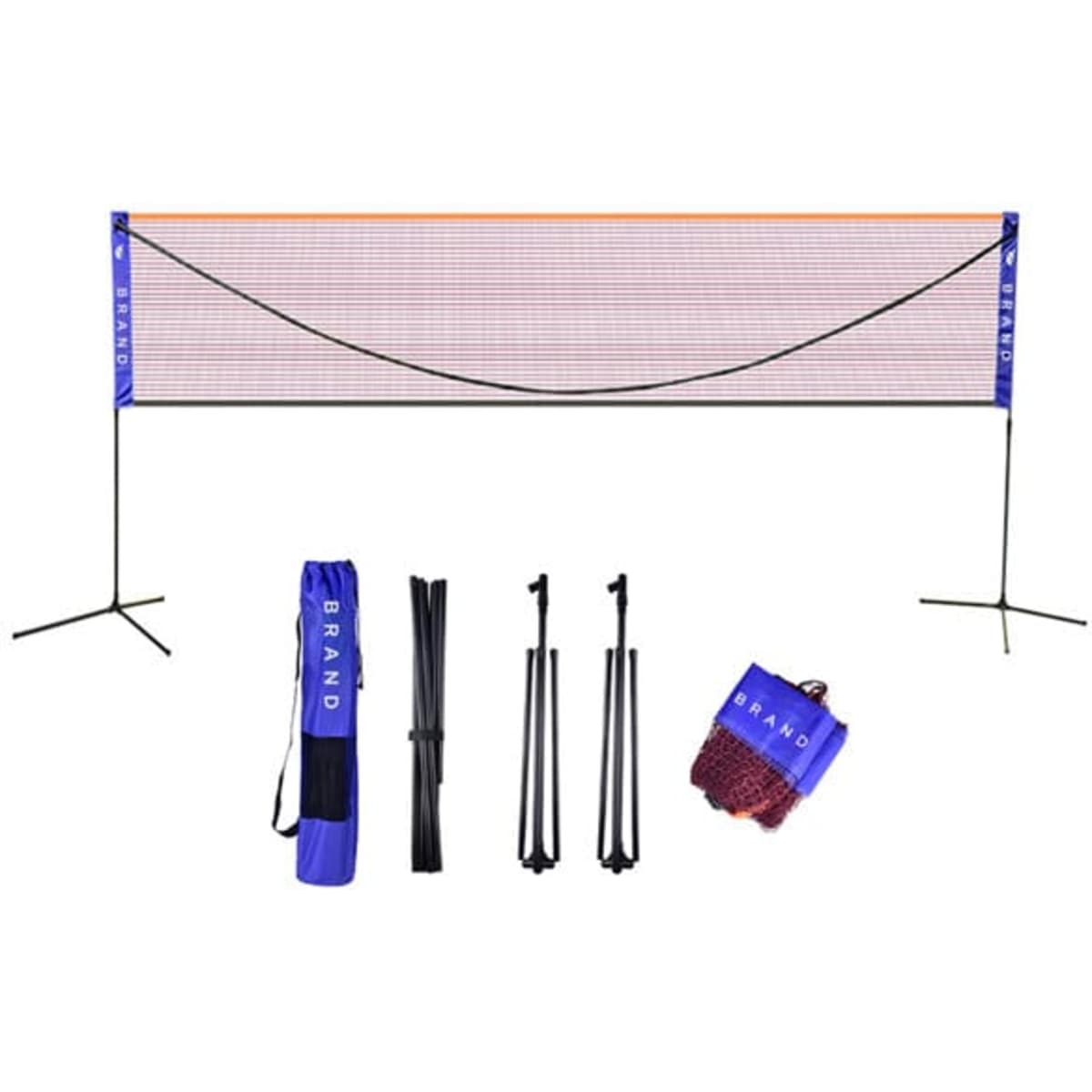 An adjustable portable badminton net in blue and orange, complete with poles, netting, and carry bag.
